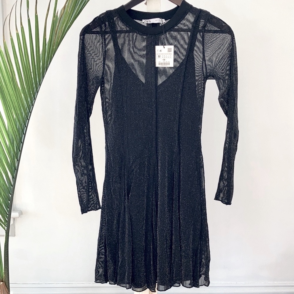 Zara Metallic Sheer-Sleeve Pleated Skater Dress